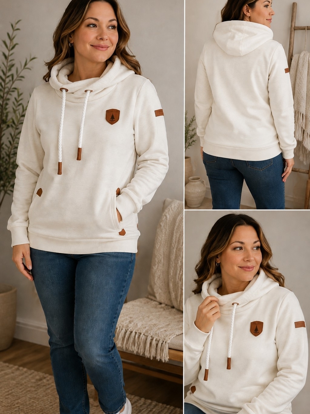 Wanakome Cream Hoodie with Tan Leather Accents